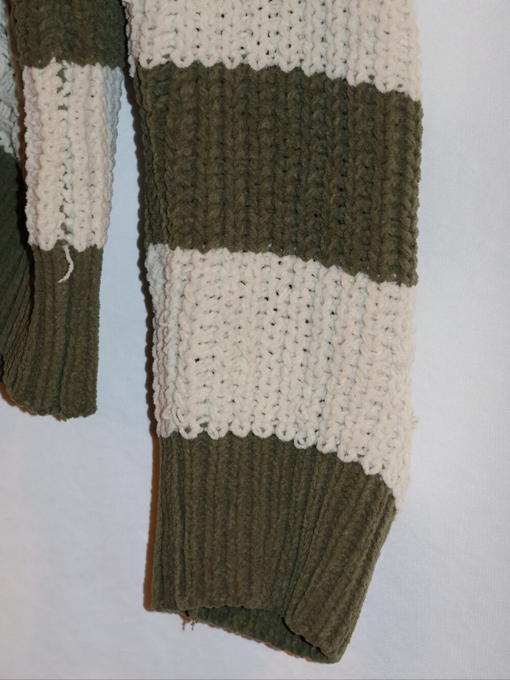 POL Olive Green and Cream Distressed Striped Knit Sweater. - Picture 5 of 13